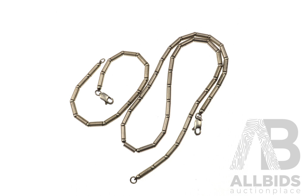 Vintage Silver Cylindrical Bead Necklace & Bracelet Set, No Visible Hallmarks, 26.18 Grams