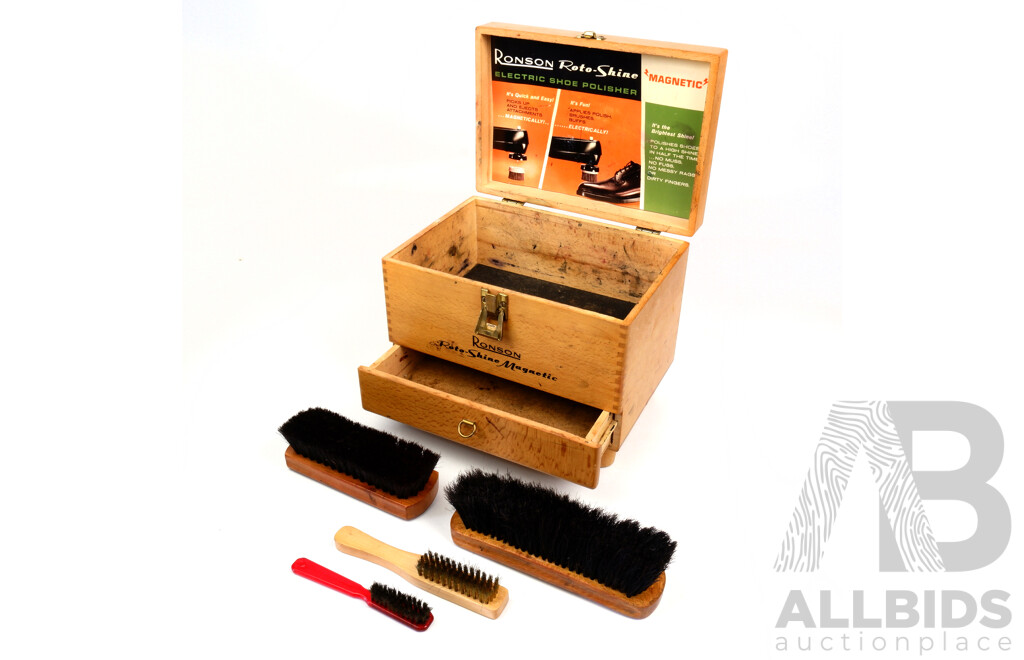 Vintage Ronson Rotoshine Magnetic Shoe Polish Box with Shoe Shine Brushes and Ephemera
