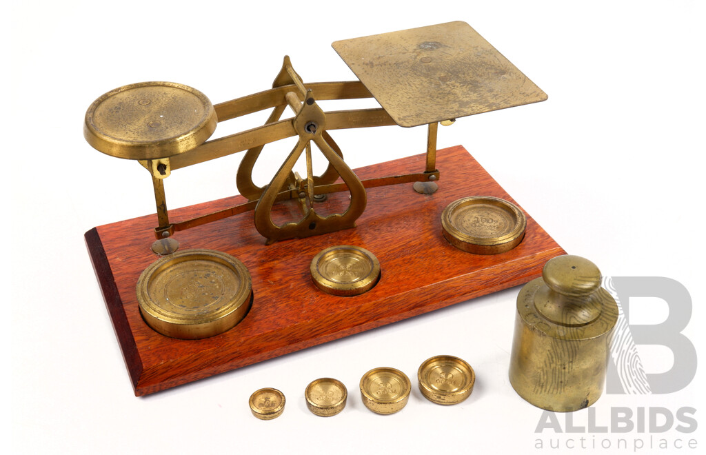 Antique Brass Postal Scales with Wood Base and Eight Weights