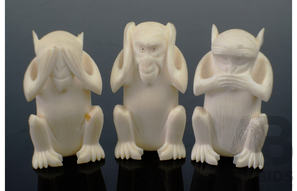 Set Three Hand Carved Asian Ivory See No Hear No Spaek No Evil Monkey Figures