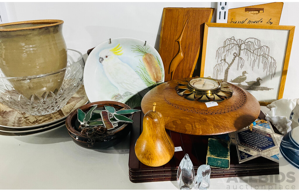 Large Collection of Varied Homewares Including Items From Bungendore Woodworks Gallery, Handpainted Cockatoo Plate, Small Vintage Petal Temperature Gauge and More