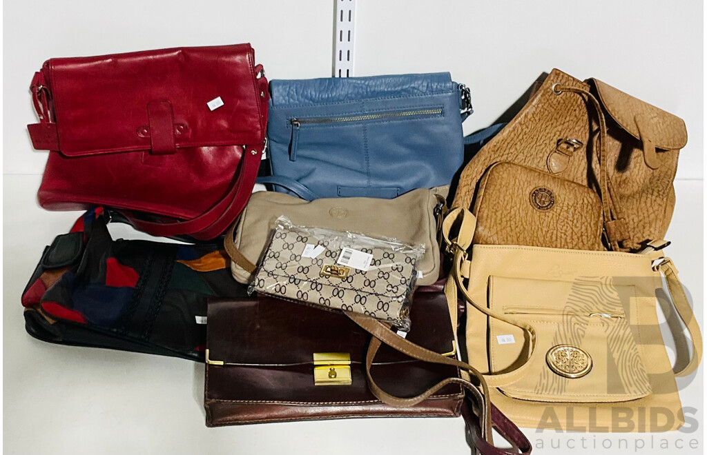 Collection of Six Hand Bags, One Clutch, One Backpack and One Purse  - Leather and Other and Varied Labels