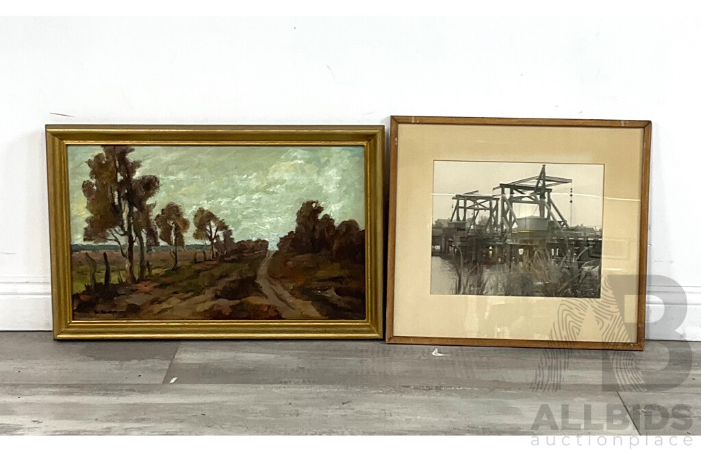 Bispingen - Lüneburger Heide, Oil on Canvas Together with a Photograph of a Bridge in Germany (2)