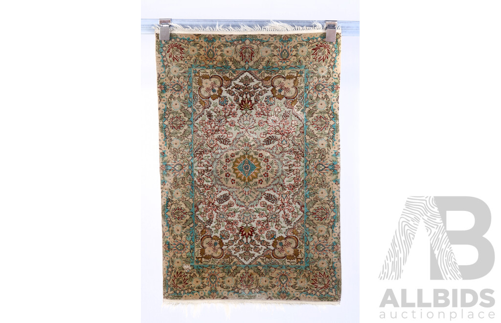 Fine Hand Knotted Persian Silk Rug with Raised Textured Finish and Metalic Thread Detail