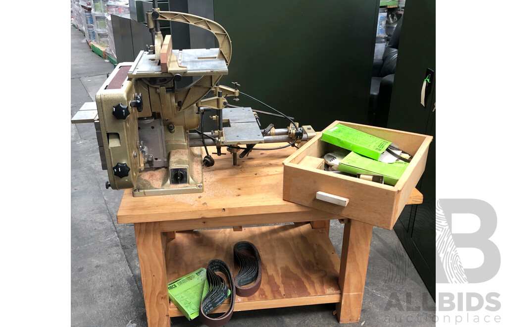 Vintage EmcoStar Multi Machine Tool on Wheel Stand, Includes Table Saw, Bandsaw, Fret Saw, Lathe, Disc Sander and Belt Sander