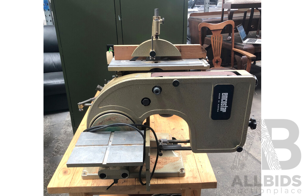 Vintage EmcoStar Multi Machine Tool on Wheel Stand, Includes Table Saw, Bandsaw, Fret Saw, Lathe, Disc Sander and Belt Sander