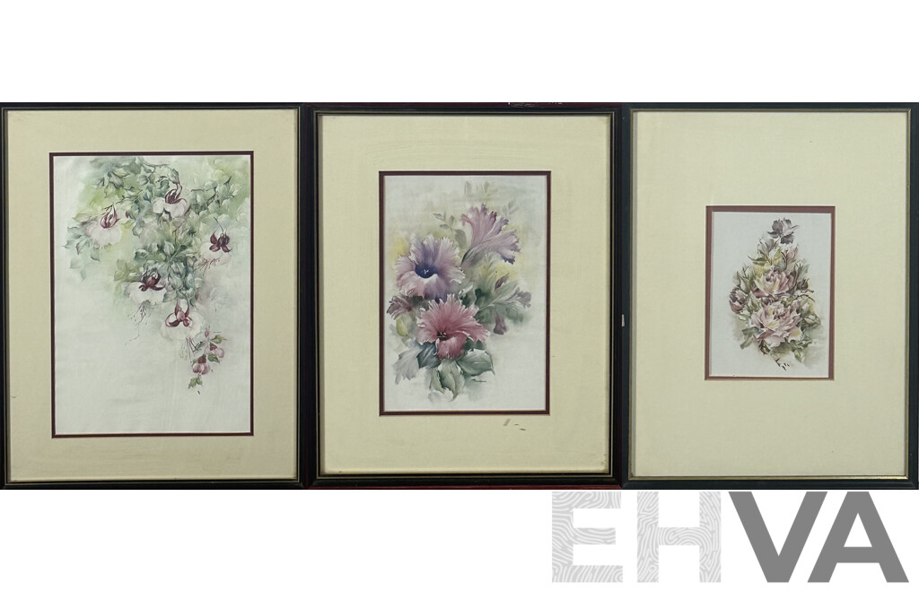 Bradford, (Date Unknown), Trio of Framed Floral Paintings, Mixed Media Watercolour and Other, 59 x 46 cm (largest Frame) (3)