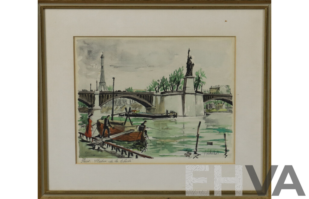 Franz Herbelot, (20th Century, French WOrking 1940-60s), Paris, Statue De La Liberté, Vintage Watercolour and Ink, 29 x 33 cm (frame)