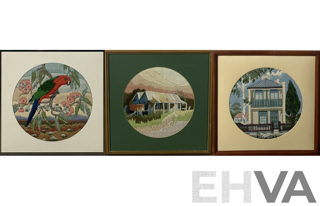 Trio of Vintage Long Stitch Embroidery, (Date Unknown), Rosella, Country Cottage and Freestanding Victorian Terrace, 43 x 43 cm (largest Frame) (3)