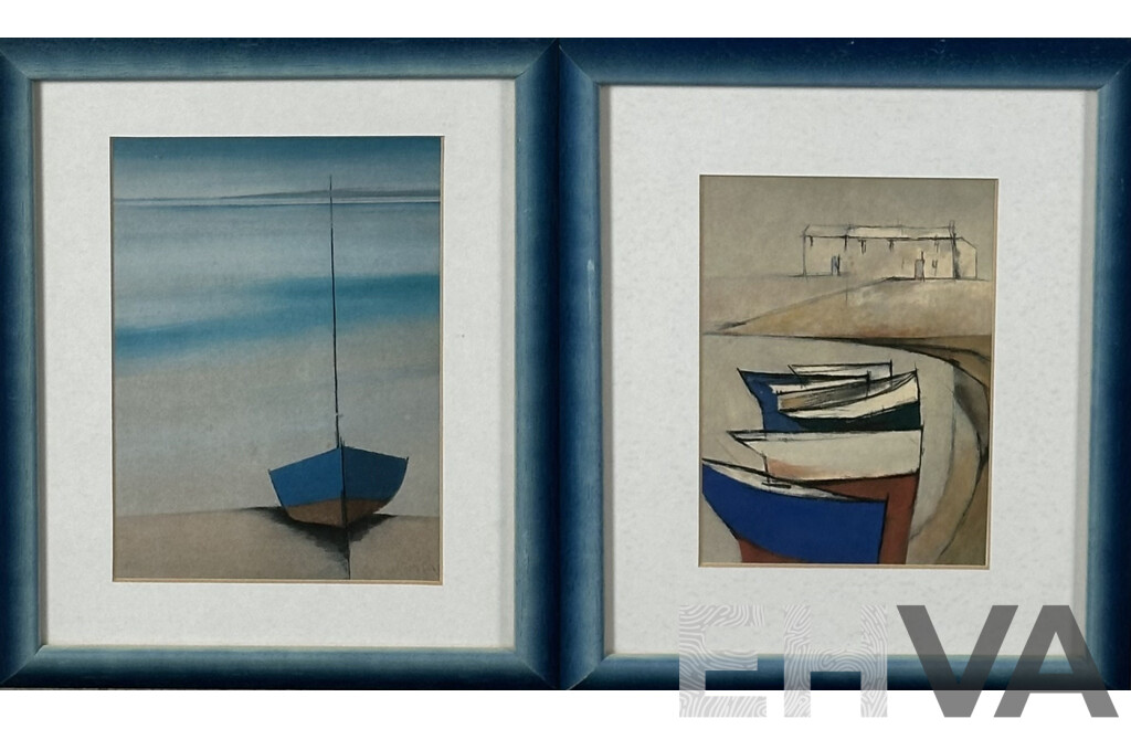 Michael Praed, (20th Century, British, 1941-), Small Boats & Cottages and Blue Boat, Sand & Sea, Pair of Quality Prints of Original Oils 29 x 23.5 cm (frames) (2)