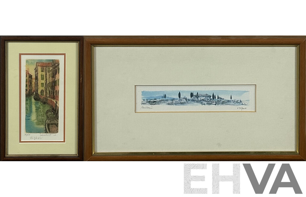 Artists Unknown, (20th Century, Italian), Riflessi/Reflections (Venezia) & Toscana, Hand Coloured Etching & Print of Original Watercolour, 22 x 37 cm (largest frame) (2)