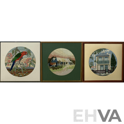 Trio of Vintage Long Stitch Embroidery, (Date Unknown), Rosella, Country Cottage and Freestanding Victorian Terrace, 43 x 43 cm (largest Frame) (3)