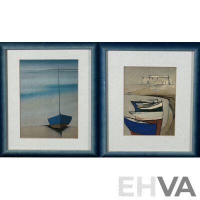 Michael Praed, (20th Century, British, 1941-), Small Boats & Cottages and Blue Boat, Sand & Sea, Pair of Quality Prints of Original Oils 29 x 23.5 cm (frames) (2)