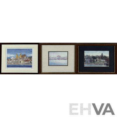 (Artists Unknown), Trio of Landscapes Featuring Water and Including Sicilia 'Cefalù,' and Paphos Cyprus, Colour Prints of the Originals, 31 x 39 cm (largest frame) (3)