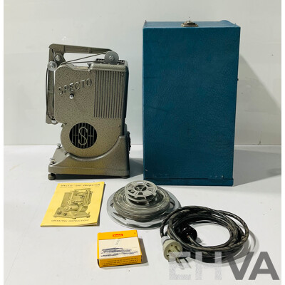 Vintage Specto “500” Projector with Operating Instructions, Kodachrome Movie Film, Power Cord and Wooden Transport Case with Vinyl Wrap