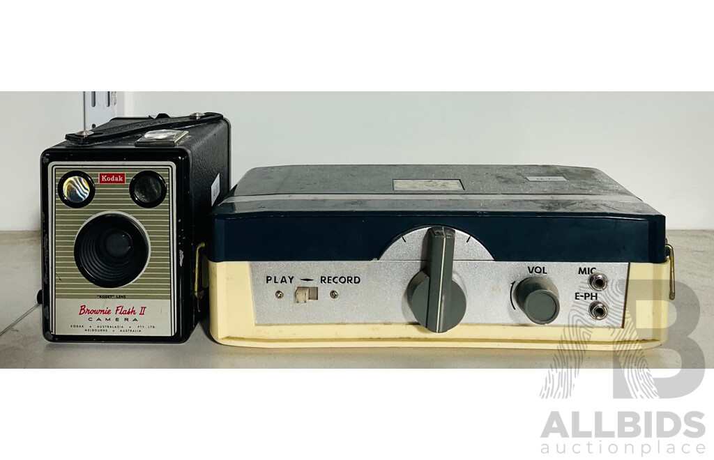 Vintage Aiwa TP-30 Tape Recorder and Kodak Brownie Flash II Camera