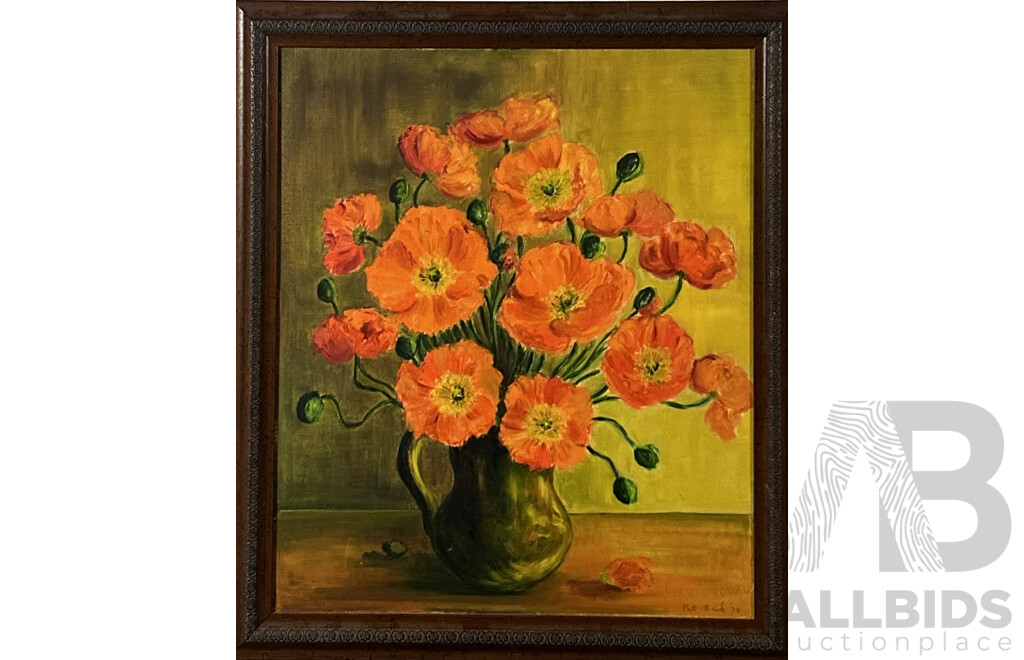 Pat Beck, (Working c1970s), Still Life - Poppies in Vase, Oil on Canvas, 75 x 65 cm (frame)