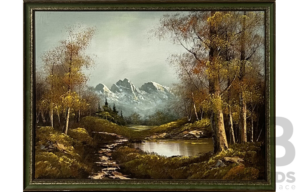 Artist Unknown, View Toward Snowy Mountains in Autumn, Oil on Canvas, 52 x 68 cm (frame)