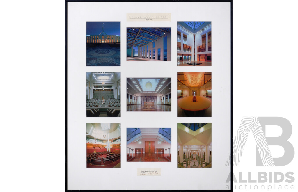 Matt Kelso, (20th Century, Australian, 1952-), Parliament House- A Postcard Series, Nine Framed Coloured Postcards of Original Photographs Taken by Matt Kelso, (1988), First Edition 6 of 5000, Signed by Artist, 65 x 56 cm (frame)