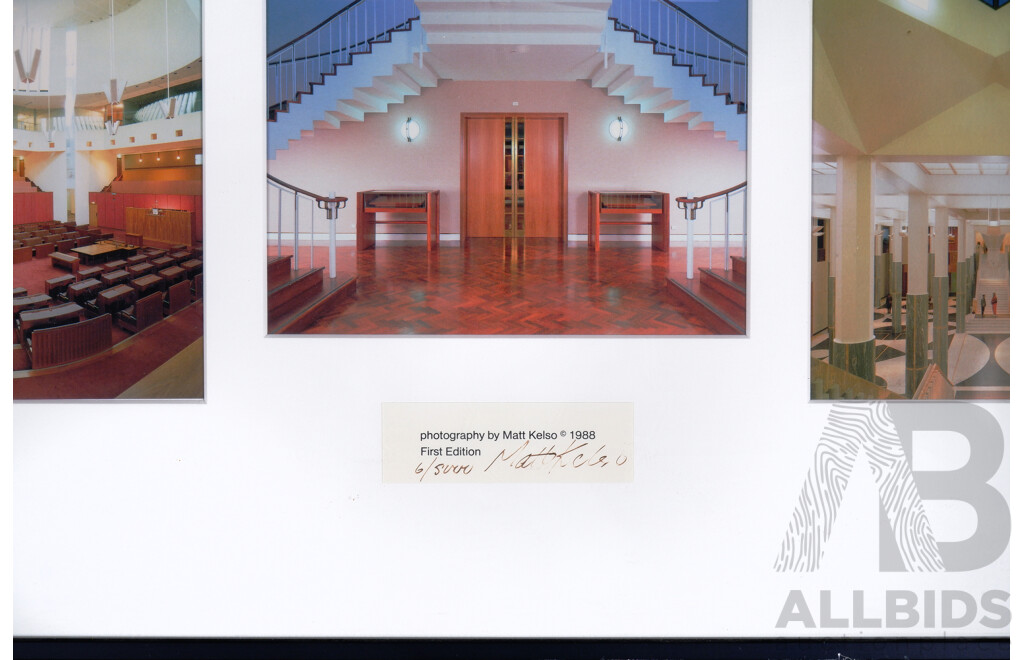 Matt Kelso, (20th Century, Australian, 1952-), Parliament House- A Postcard Series, Nine Framed Coloured Postcards of Original Photographs Taken by Matt Kelso, (1988), First Edition 6 of 5000, Signed by Artist, 65 x 56 cm (frame)