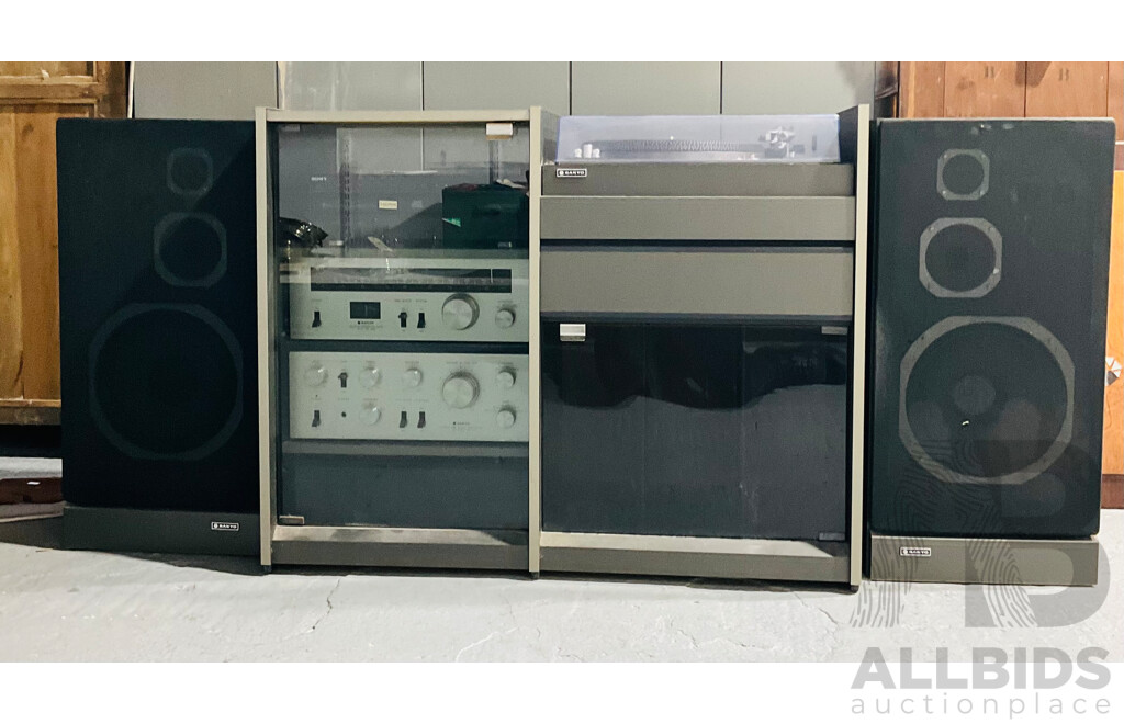 Retro Audio Sound System Including Pair of Sanyo Speakers, Sanyo Direct Drive Vinyl Player, Sony Compact Disk Player and More