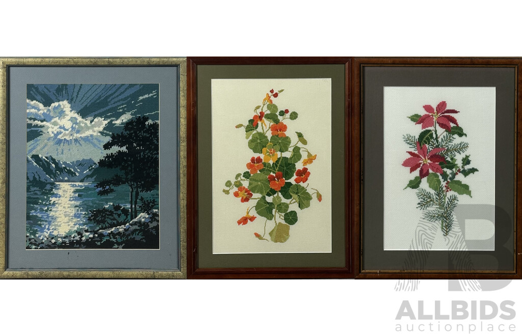 Collection of Three Framed Tapestries Inc Landcsape and Floral Scene