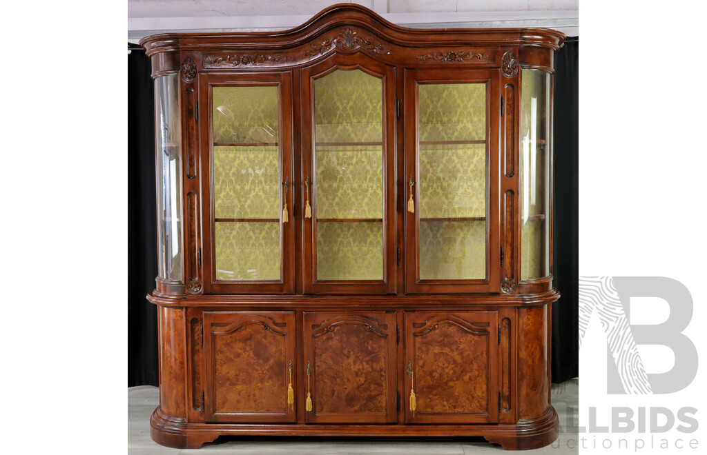 Italian Two Piece Bookcase with Curved Glass Ends