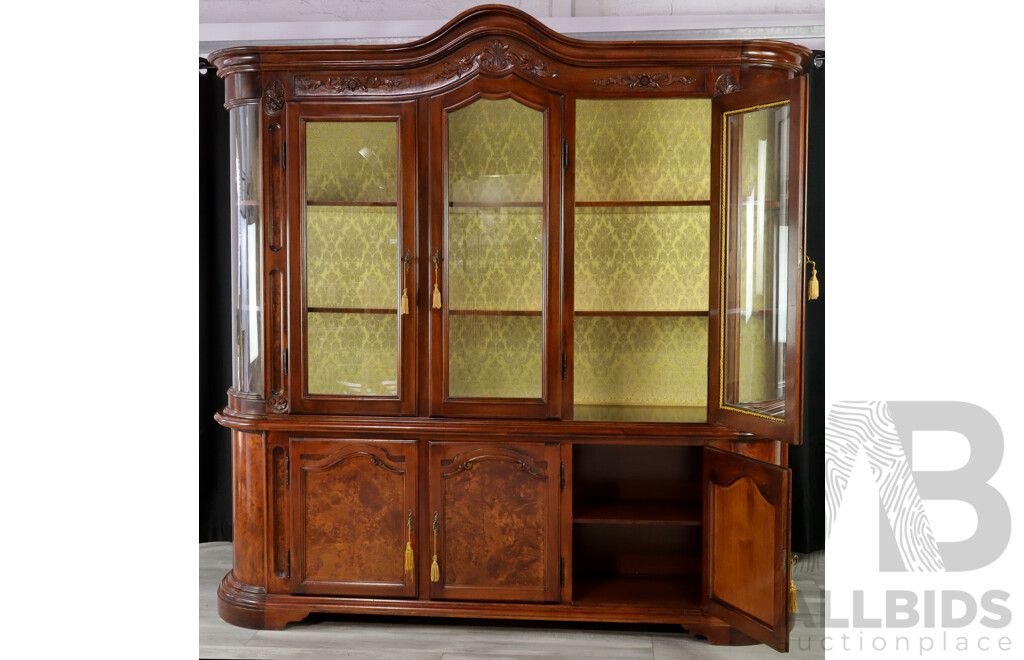 Italian Two Piece Bookcase with Curved Glass Ends