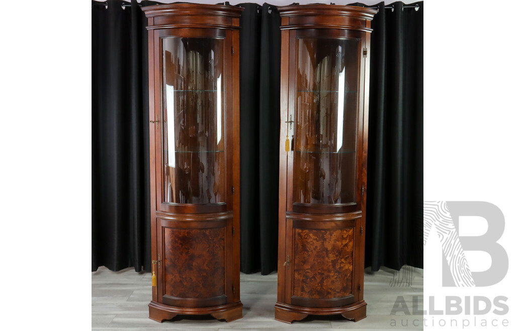 Pair of Italian Corner Display Cases with Curved Glass Fronts