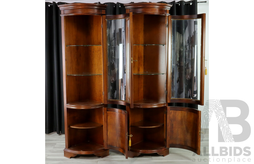 Pair of Italian Corner Display Cases with Curved Glass Fronts