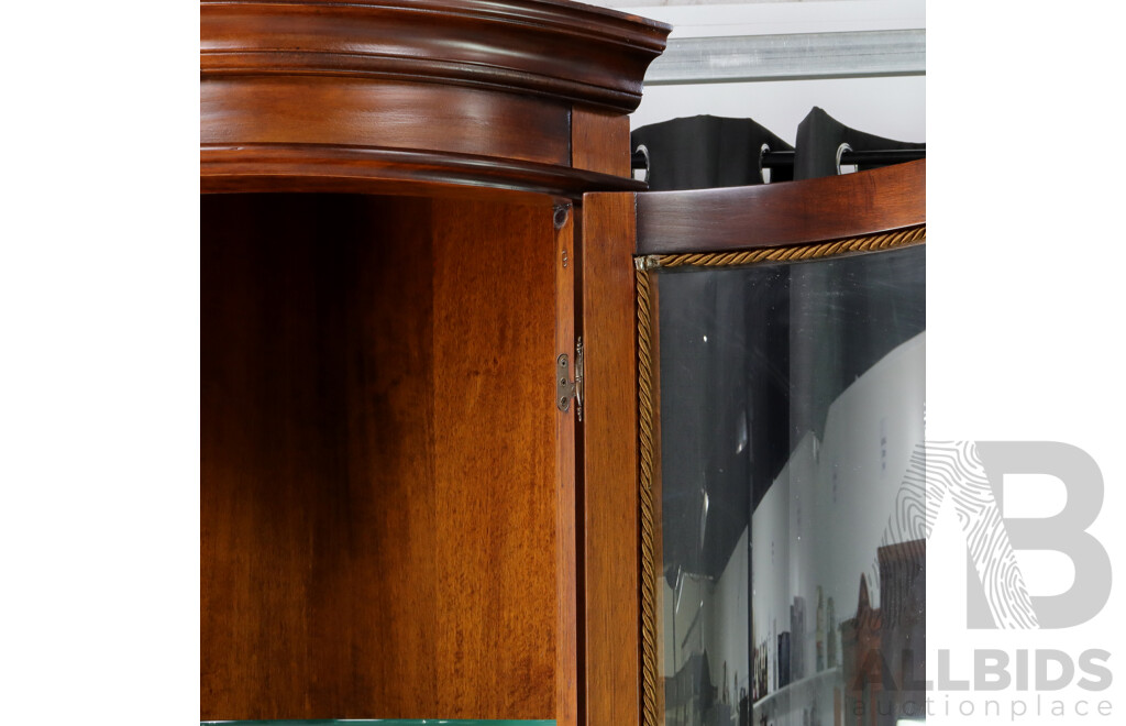 Pair of Italian Corner Display Cases with Curved Glass Fronts