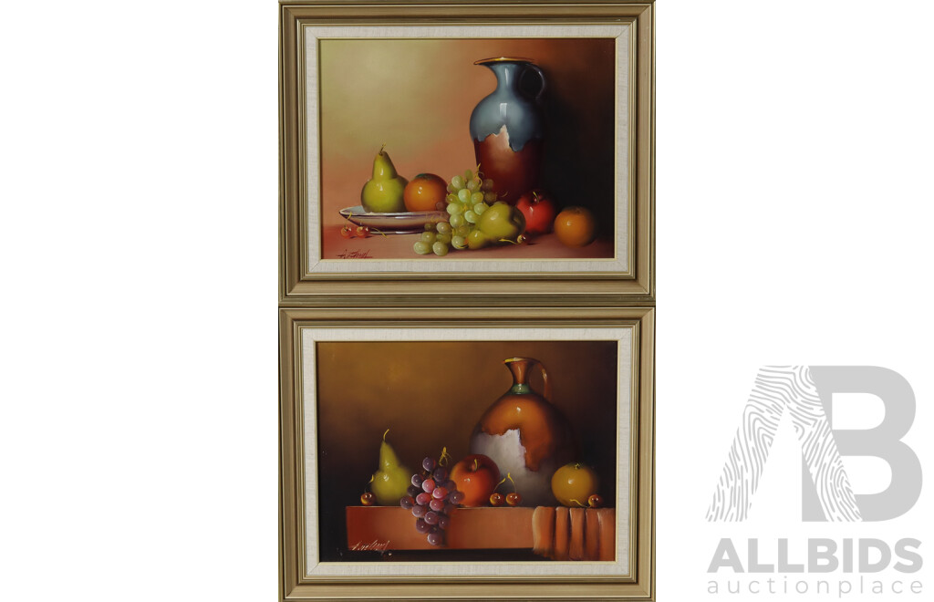 Artist Unknown, Still Life - Jug and Fruit, Pair of Framed Oil on Canvases, 41 x 51 cm (frames) (2)