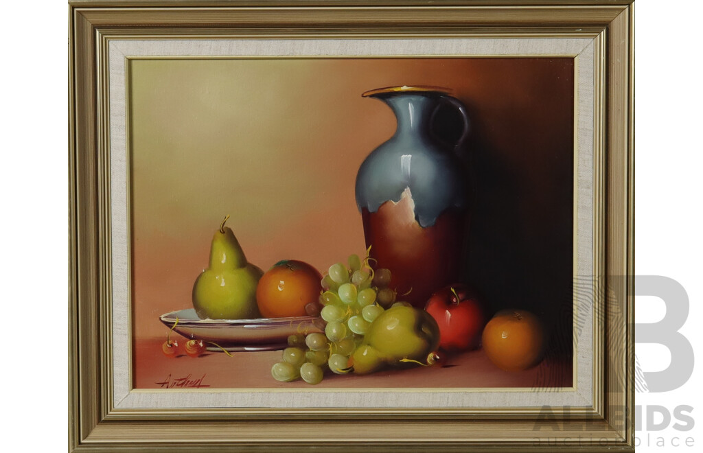 Artist Unknown, Still Life - Jug and Fruit, Pair of Framed Oil on Canvases, 41 x 51 cm (frames) (2)