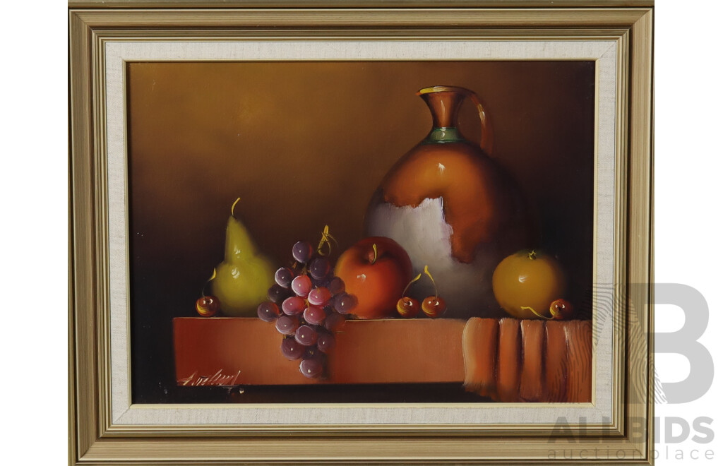 Artist Unknown, Still Life - Jug and Fruit, Pair of Framed Oil on Canvases, 41 x 51 cm (frames) (2)