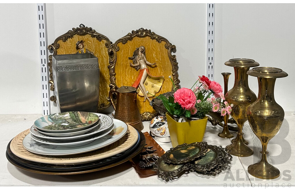 Collection of Interesting Souvenir and Homeware Including Small Framed Fabric Prints of Famous Artworks, Metal Amphora Form Jug with Damaged Bottom, Several Decorative Ceramic and Wooden Plates and Much More