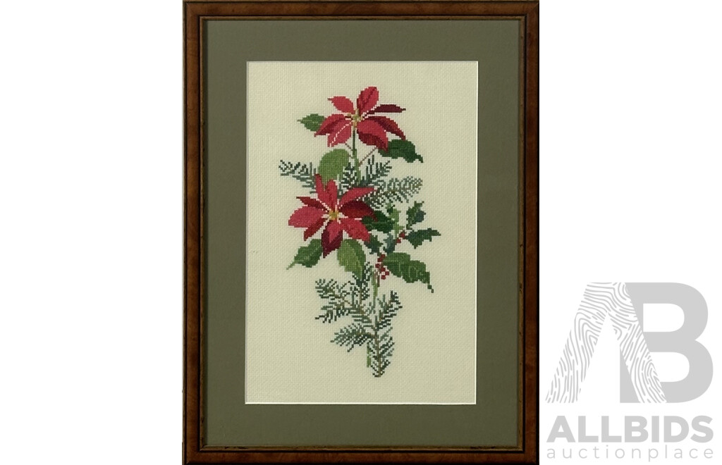 Framed Christmas Poinsettia Cross Stitch, 45 x 33.5 cm (frame)