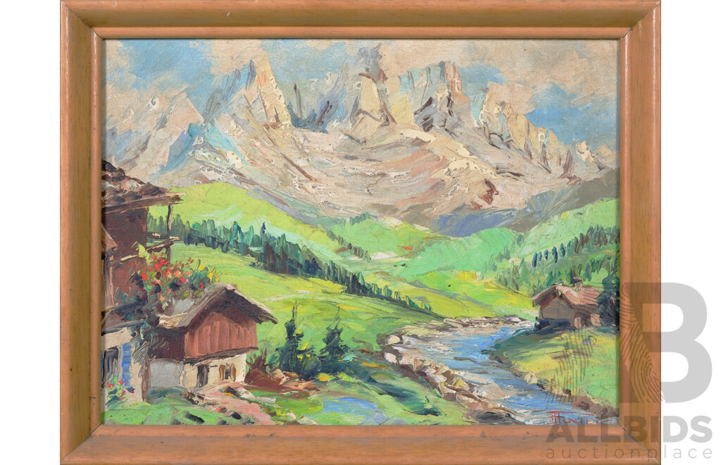 Artist Unknown, Alps Overlooking Cottage, Oil on Canvas, 34 x 44 cm (frame)