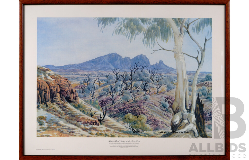 Albert Namatjira, (Early-Mid 20th Century, Inigenous-Australian, 1902-1959), Aranda Tribal Country at Mt. Sonder, C.A., Reproduction Framed Print From the Original Watercolour, 55 x 72 cm (frame)