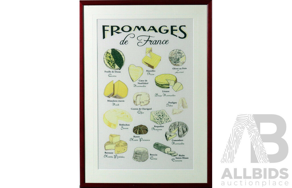 Fromages De France, Framed Ink on Fabric, 85 x 60 cm (frame)