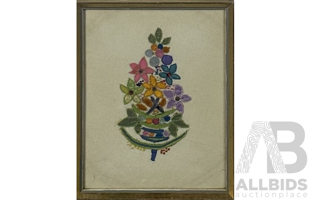 Framed Vintage Embellished Needlwork Panel, Flower Bouquet, Cotton, Fabric and Sequins, 26 x 21 cm (frame)