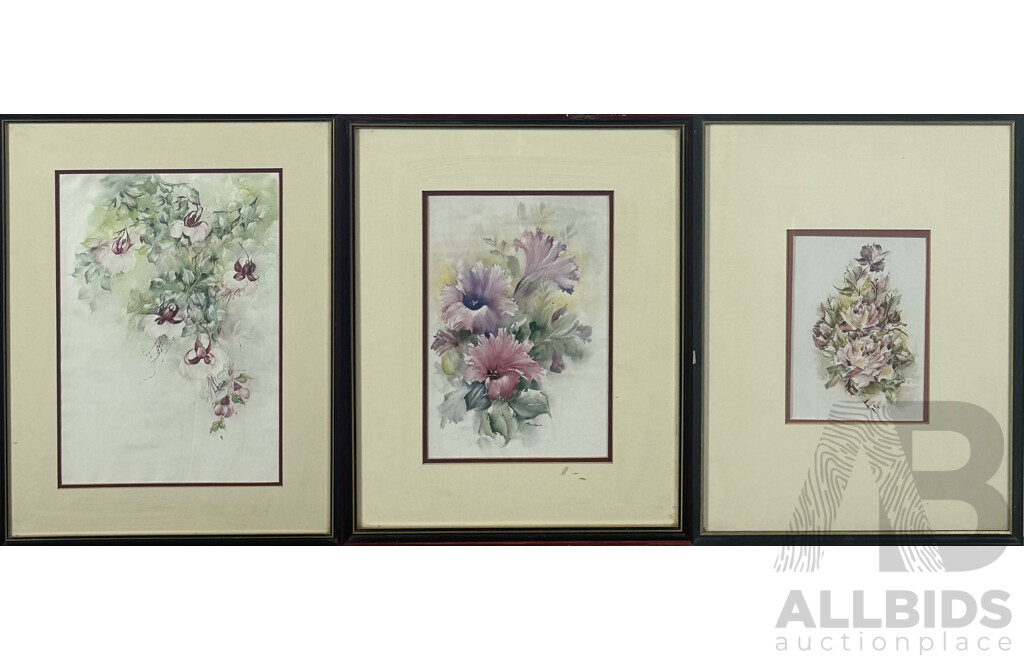 Bradford, (Date Unknown), Trio of Framed Floral Paintings, Mixed Media Watercolour and Other, 59 x 46 cm (largest Frame) (3)