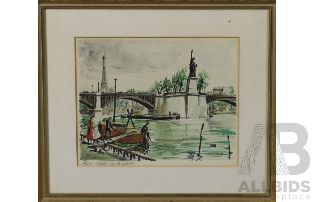 Franz Herbelot, (20th Century, French WOrking 1940-60s), Paris, Statue De La Liberté, Vintage Watercolour and Ink, 29 x 33 cm (frame)