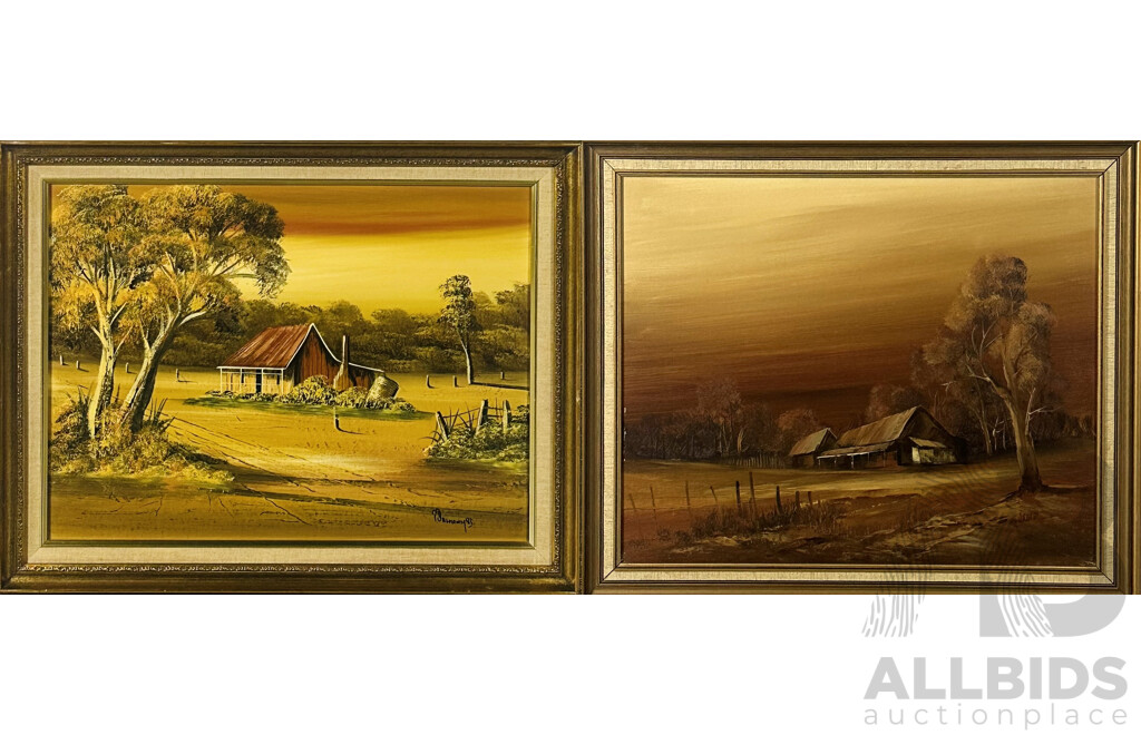 Arthur and P. Dalmonty, Untitled and Corryong Vic (1985) - Bush Cottages, Pair of Vintage Oils (on Board and on Canvas), 61 x 71 cm (larger frame) (2)