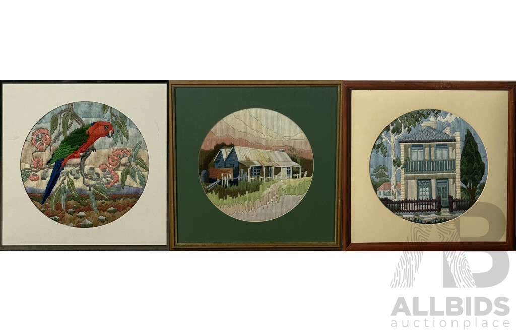 Trio of Vintage Long Stitch Embroidery, (Date Unknown), Rosella, Country Cottage and Freestanding Victorian Terrace, 43 x 43 cm (largest Frame) (3)