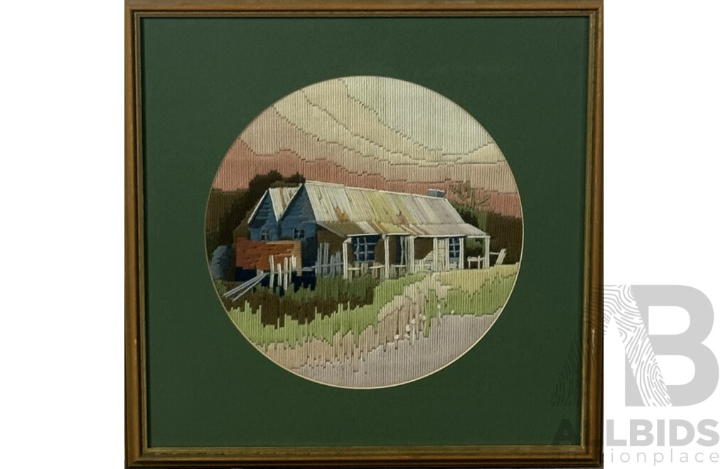 Trio of Vintage Long Stitch Embroidery, (Date Unknown), Rosella, Country Cottage and Freestanding Victorian Terrace, 43 x 43 cm (largest Frame) (3)