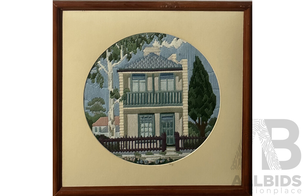 Trio of Vintage Long Stitch Embroidery, (Date Unknown), Rosella, Country Cottage and Freestanding Victorian Terrace, 43 x 43 cm (largest Frame) (3)