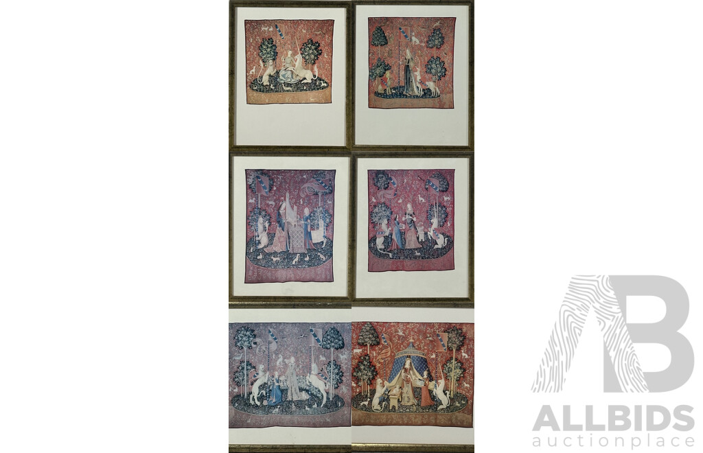 the Lady and The Unicorn, Lovely Collection of the Six Framed Reproduction Print Copies of the Original Tapestries Woven in Wool & Silk (15th Century),, 32 x 26 cm (frame) (6)