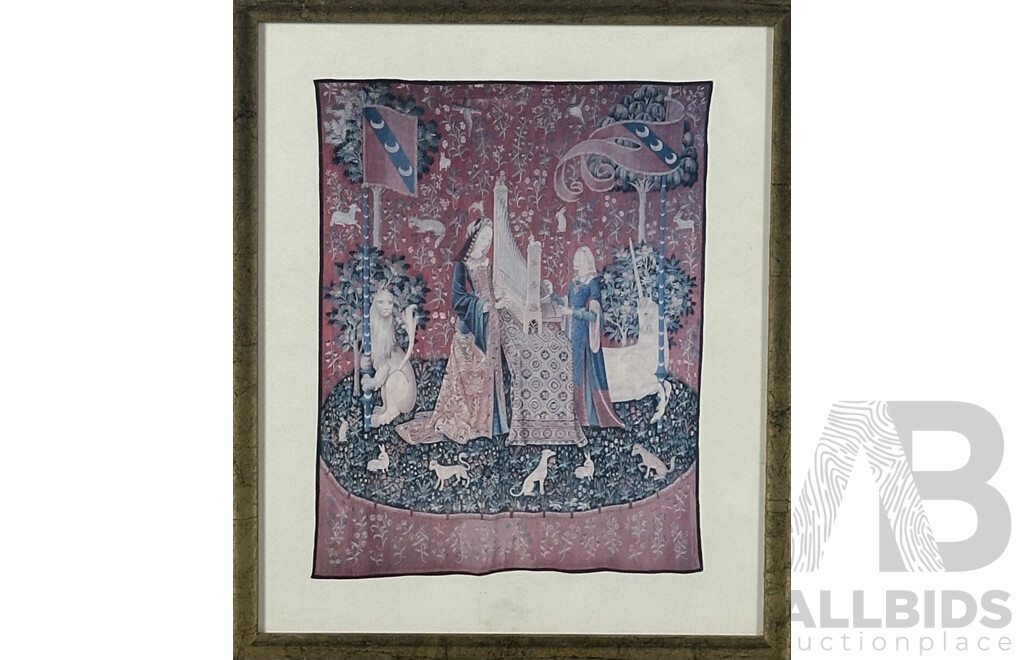 the Lady and The Unicorn, Lovely Collection of the Six Framed Reproduction Print Copies of the Original Tapestries Woven in Wool & Silk (15th Century),, 32 x 26 cm (frame) (6)