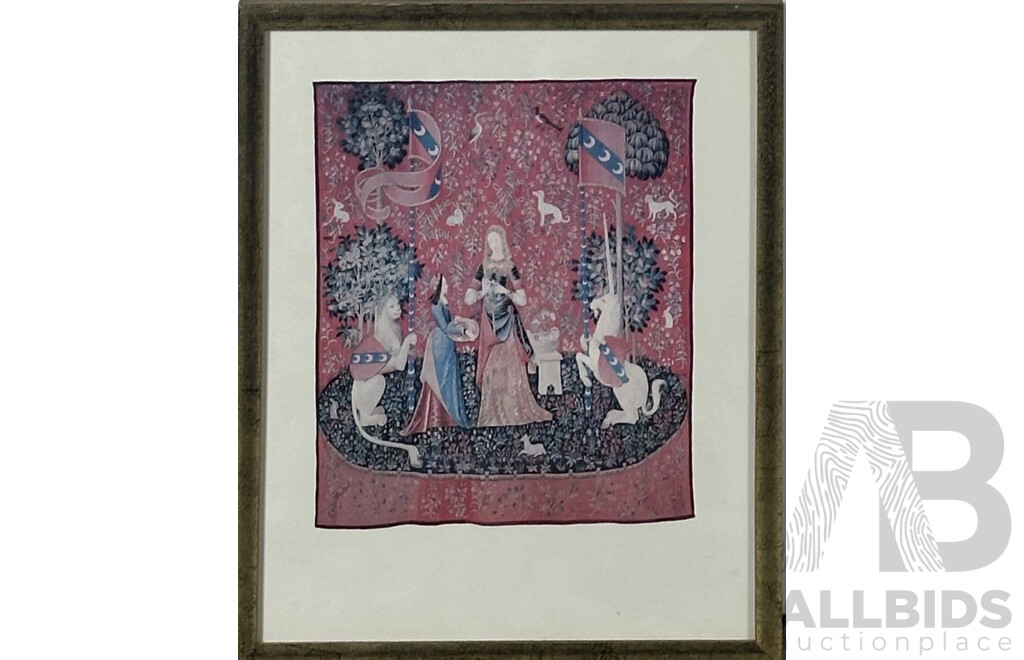 the Lady and The Unicorn, Lovely Collection of the Six Framed Reproduction Print Copies of the Original Tapestries Woven in Wool & Silk (15th Century),, 32 x 26 cm (frame) (6)
