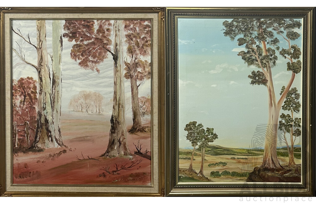 Artists Unknown, Pair of Vintage Australian Landscapes, Gumtree Flanking Sweeping Plains (Oil on Canvas) and Sunburnt Country (Oil on Board), 70 x 60 cm (frame largest) (2)